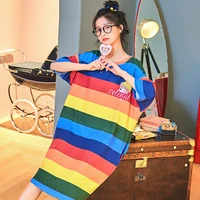yasuk spring summer fashion womens casual lovely kawai nightdress nightgown pajamas set short sleeves stripes rainbow cotton