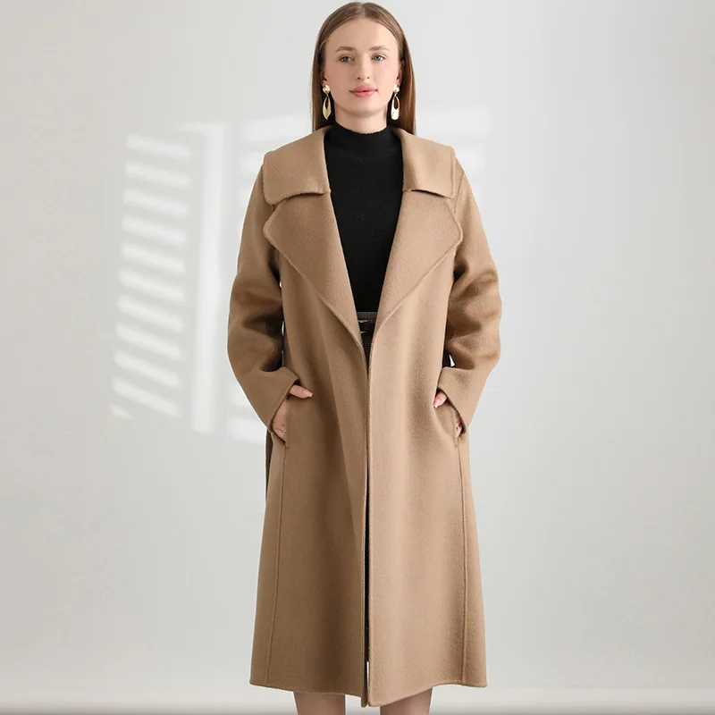 

Новое корейское осенне-зимнее свободное шерстяное пальто средней длины до колена на шнуровке женское приталенное шерстяное пальто