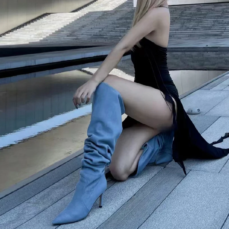 

blue jeans Over-The-Knee Boots 2023 Paris Runway Women Boots Sexy Stiletto Pointed Toe Heels Spice Girls Thigh-High Boots