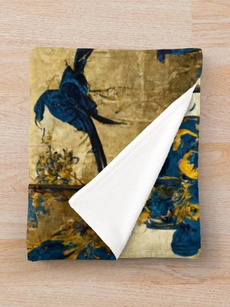 Сине-золотистая китайская живопись с птицами и цветами плед одеяло мягкие