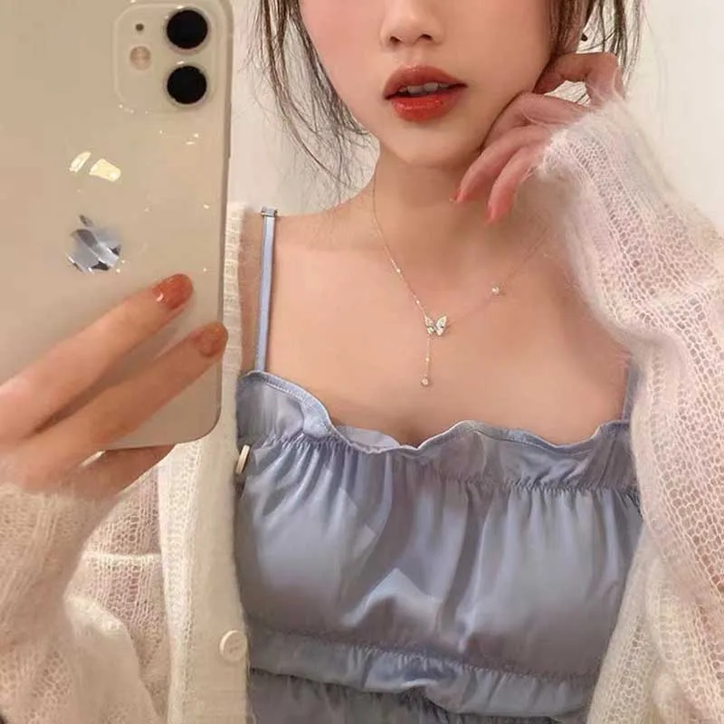 Чокер с подвеской-бабочкой из циркона роскошное ожерелье до ключиц серебряным