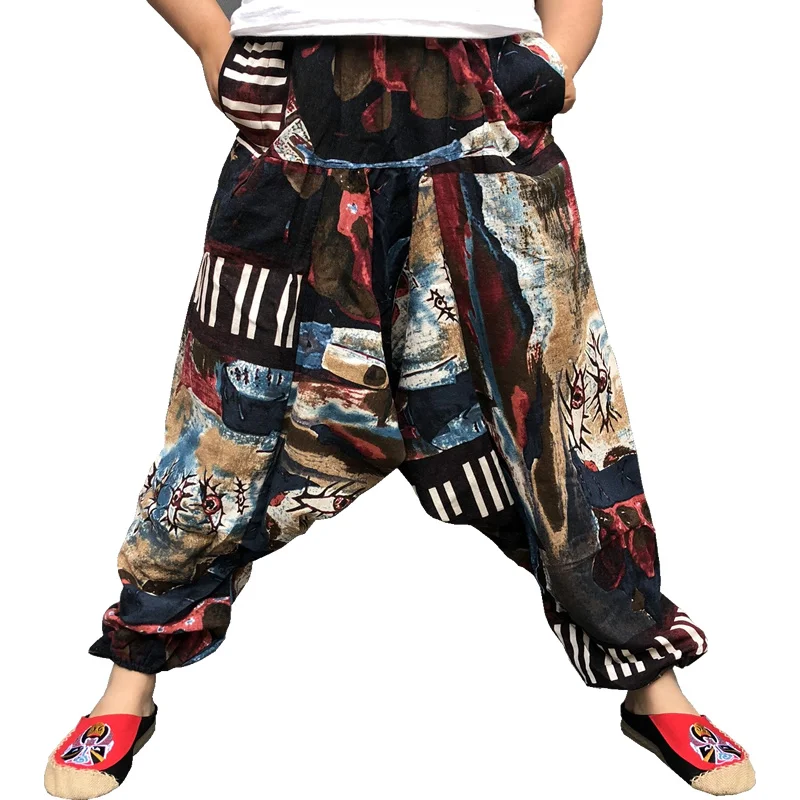 

Брюки-султанки для мужчин и женщин, мешковатые хлопково-льняные штаны с широкими штанинами в стиле хип-хоп, повседневные свободные винтажные брюки в непальском стиле