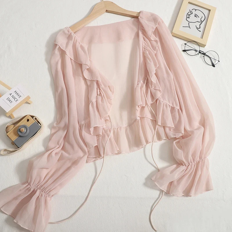 

MEXZT Ruffles Chiffon Sun Protection Shirt Women Solid Lace Up Flare Sleeve Sunscreen Blouses Cardigan Loose Casual Thin Tops