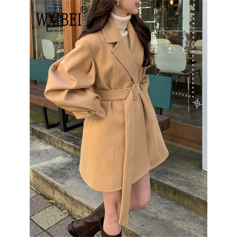 

WXIBEI Korean Chic Coats Autumn Winter Retro Notched Collar Loose Belt Waist-slimming Cotton Tweed Jacket Female 2023 New FC741