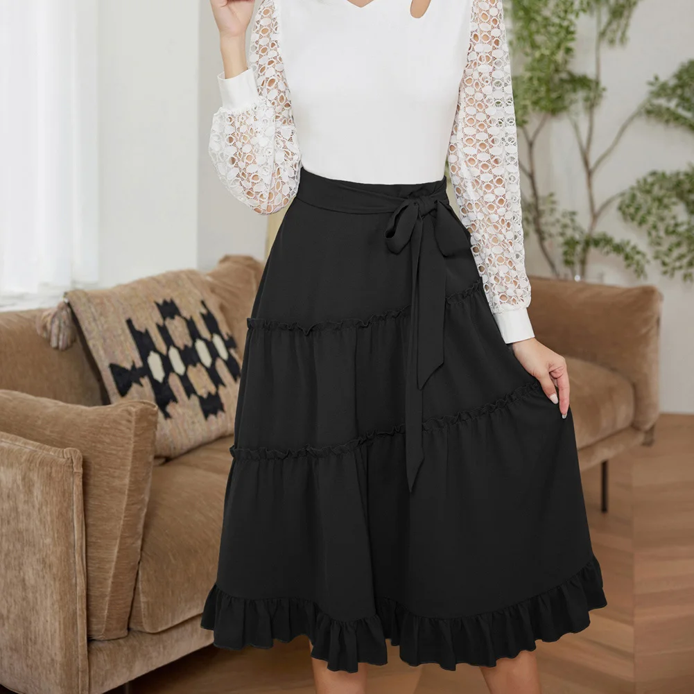 

Kate Kasin Women Tiered Skirt Elastic High Waist Belt Decorated A-Line Skirt Solid Mid Craf Midi Skirts Cocktail Dresses A30
