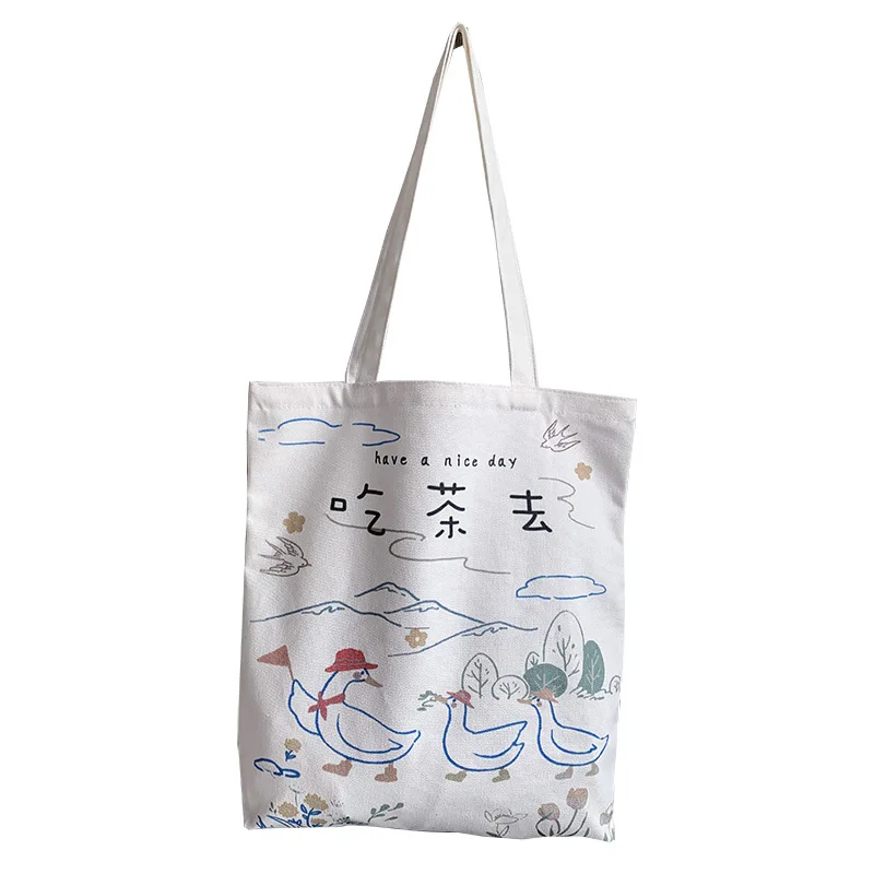 

Women Canvas Shoulder Bag Cute Cartoon Duck Shopper Tote Bag for Girl Female Zipper Shopping Bags Cotton Cloth Ladies Handbag