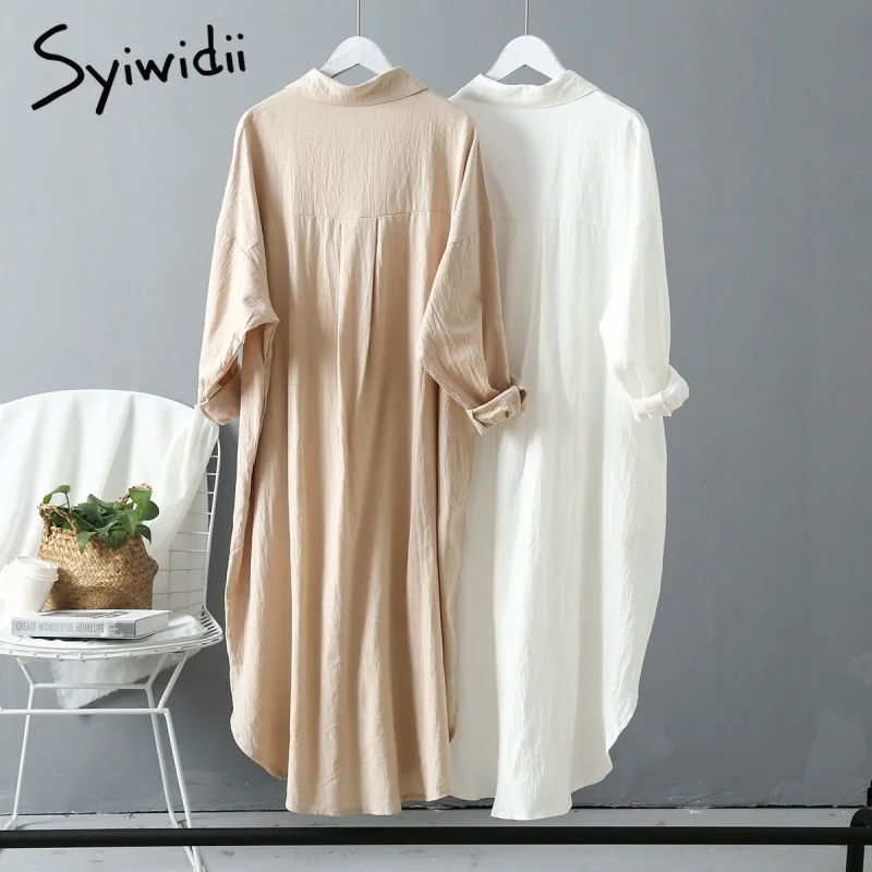 Syiwidii White Shirt Dress for Women Linen Cotton Clothing 2022 Spring Summer Casual Vintage Oversized Pure Long Midi Dresses | Женская