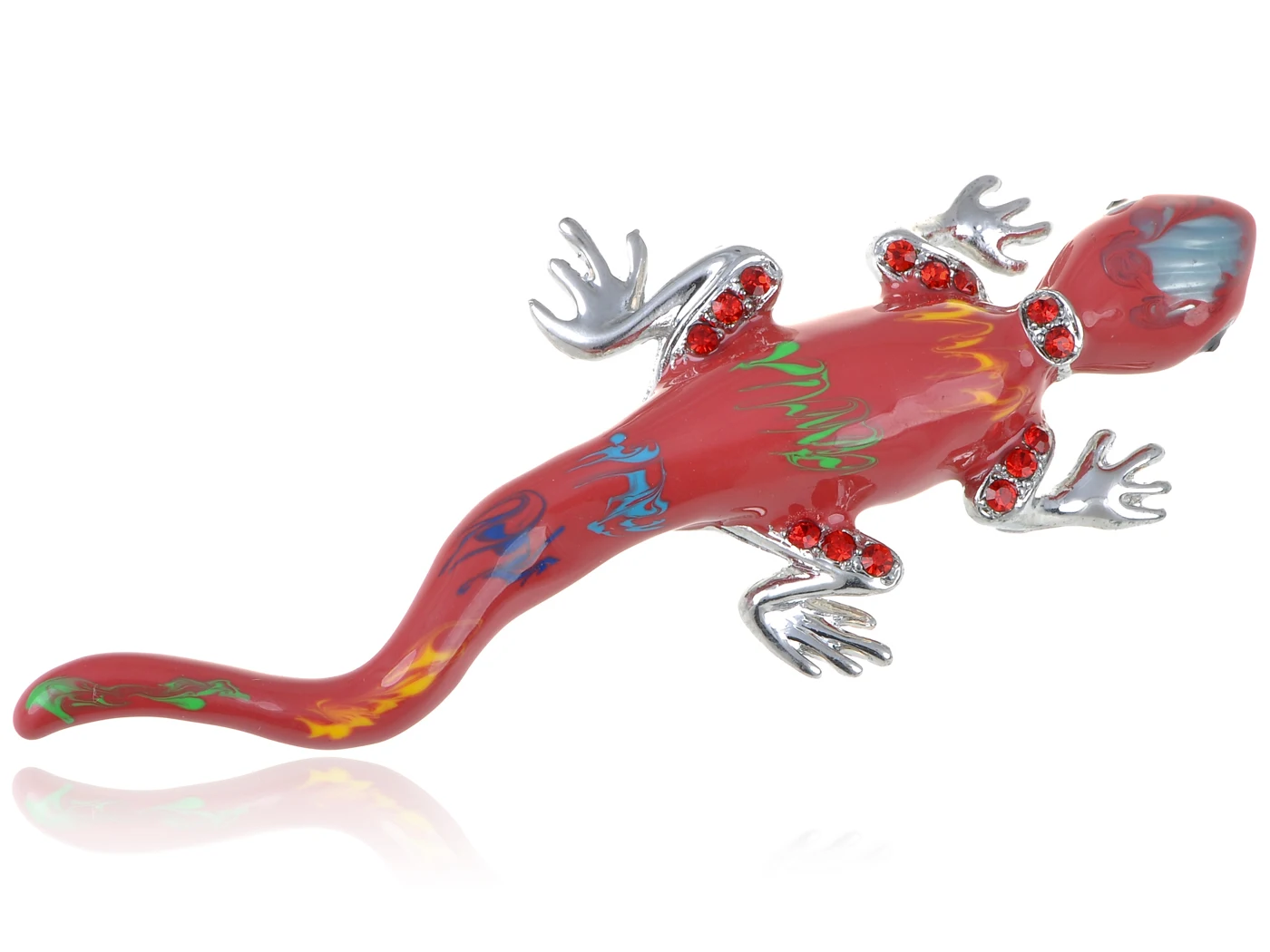 

Silvery Tone Red Rhinestones Exotic Rainbow Colorful Lizard Brooch Pin