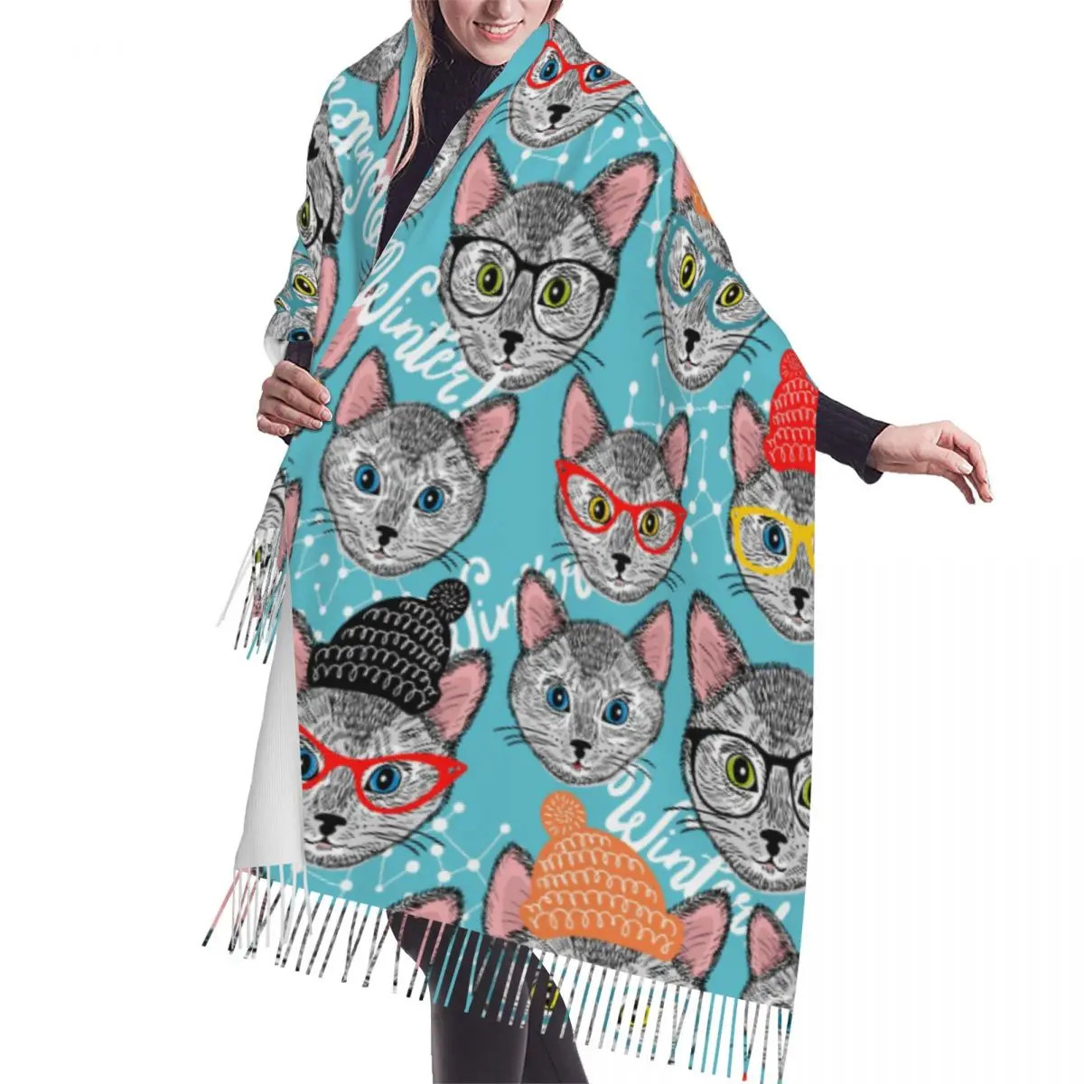 

Осенне-зимние теплые шарфы, зимняя шапка с рисунком кота, модная шаль, шарфы с кисточками, повязка на голову, хиджабы, палантин