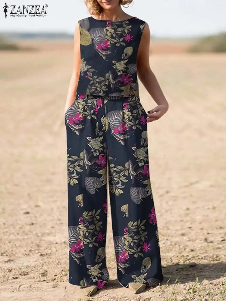 

ZANZEA 2 Piece Sets Bohemian Floral Printed Sleeveless Blouse Outifits Womens Summer Wide Leg Pants Sets Tracksuit Matching Sets