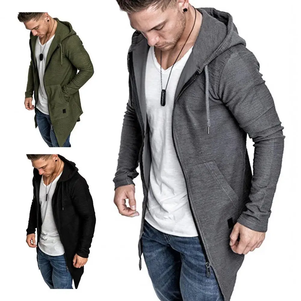

Casual Midi Jacket Streetwear Hoodie Hooded Pure Color Mid-length Coat Swallowtail