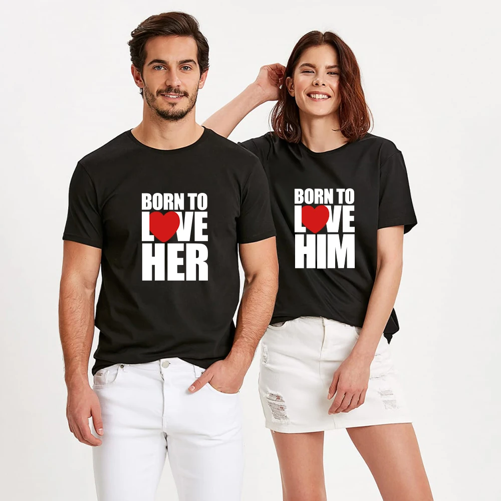 

Women T-Shirt Born to Live Her Print Summer Couples Tee Lovers Casual Cute Valentine Top Men Streetwear Anniversary Gift