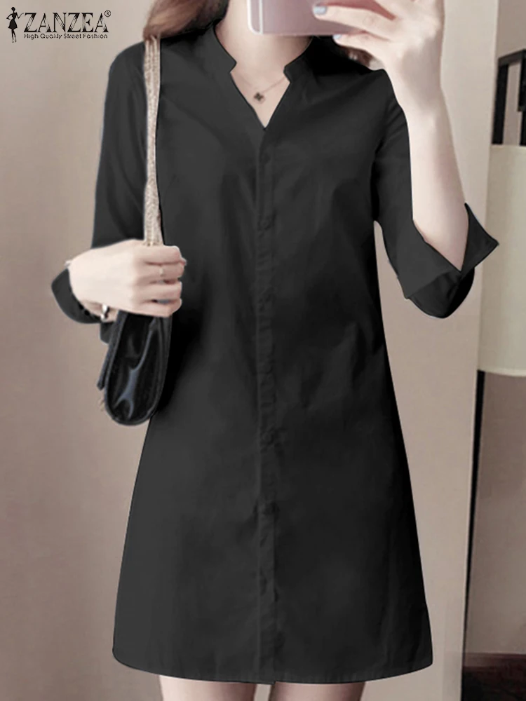 

Платье ZANZEA женское с V-образным вырезом, модный элегантный осенний сарафан на пуговицах, с длинным рукавом, винтажное офисное средней длины, оверсайз