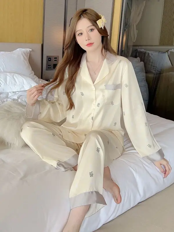 Жаккардовый пижамный комплект с принтом медведя женский милый студенческий