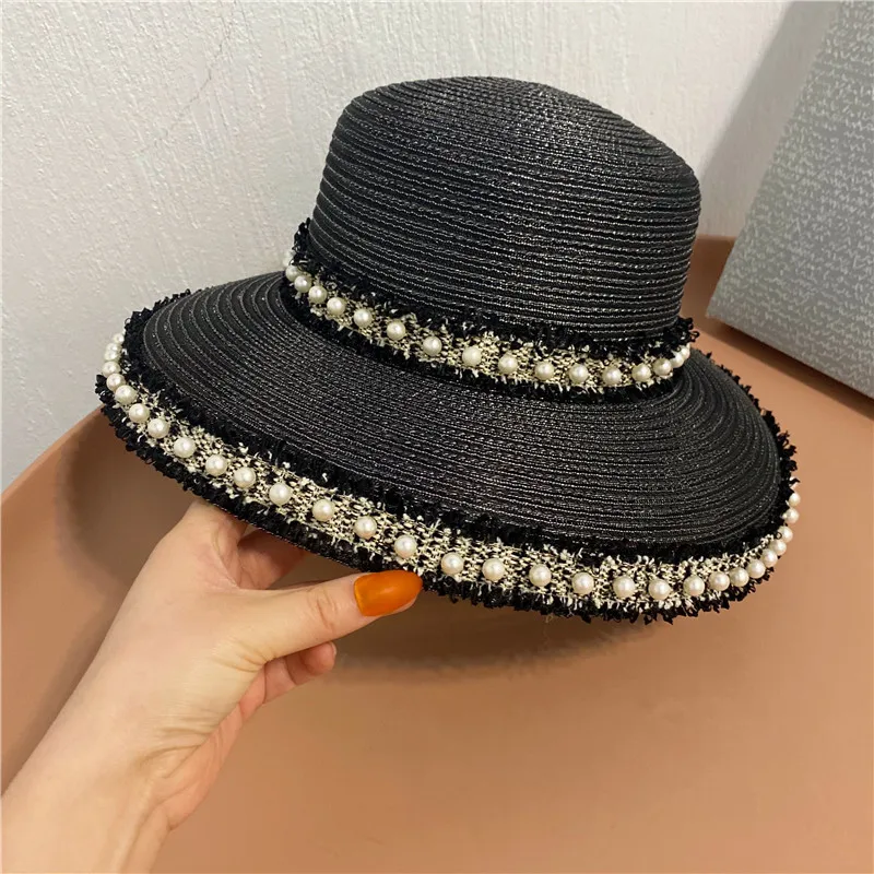 

Bonnet Black lace lampshade straw hat Fashion tassel pearl big rim fisherman hatstandard mesh big eave straw hat tide