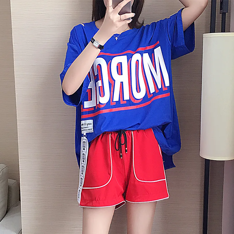 

630 2022 Summer Casual Sports Suit 2 Pieces Women Y2k Cotton T Shirt Shorts Female Fashion Trend Korean Shorts Loose Two-piece