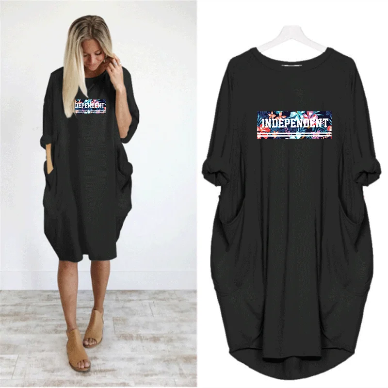 

Women Summer Dress O Neck Full Sleeve Knee Length Pockets Dresses Rubik Cube Letter Print Summer Dress Women 2022 Young Casual