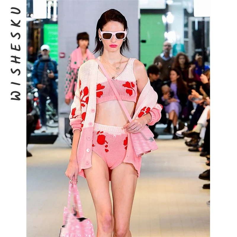 

3 Piece Set Women Knitted Floral Print Outfits Sexy V-Neck Button Down Long Sleeve Cardigan Top+Bra+High Waist Shorts 2023 Fall