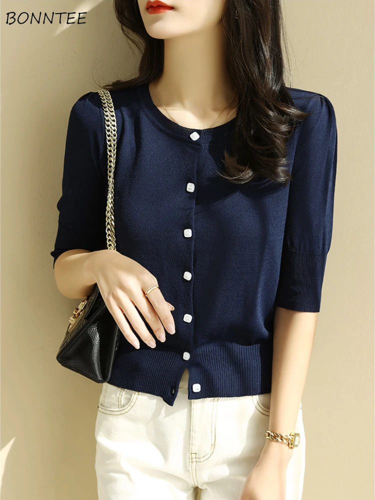 

T-shirt Women Leisure Trendy Chic All-match Thin Summer Half Sleeve Elegant Solid Female Daily Ulzzang Simple Retro Knitted New