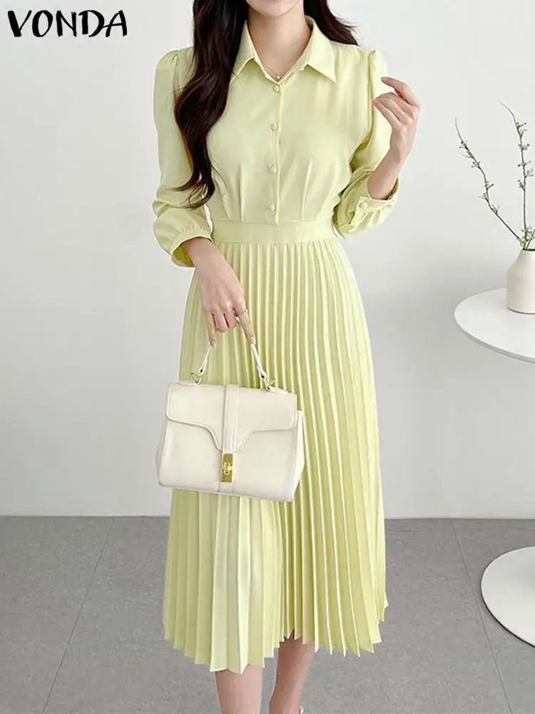 

Office Shirt Dress VONDA 2022 Elegant Women Long Sleeve Lapel Button Up Party Long Dresses Beach Casual Vestidos Femme Casual
