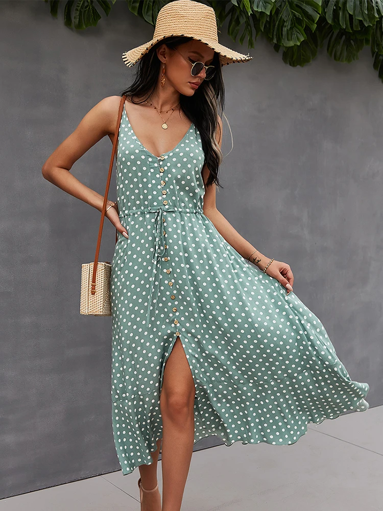 

2022 Spring New Polka Dot Spaghetti Strap Dress Women Casual V Neck Holiday Style Bandage Dress Ladies High Wasit Summer Dresses