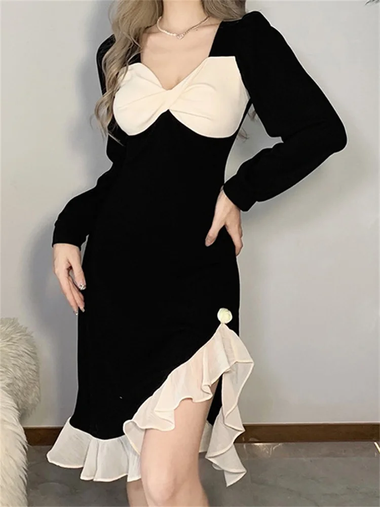

Retro Solid Color Self-cultivation High Waist Fashion V-neck Contrast Color Long-sleeved Dress 2022 Autumn New Women's Clothing