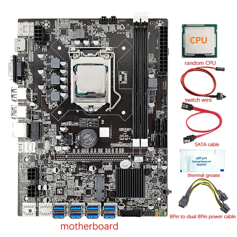 

8 GPU B75 Mining Motherboard+CPU+Power Cable+Thermal Grease+Switch Cable+SATA Cable 8X USB 3.0 Slot LGA1155 DDR3 SATA3.0