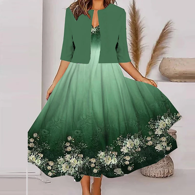 

2023 Spring Summer Floral Print Dresses Suit Sexy V Neck Hem Long Dress With Cardigan Outfits Elegant Office Two Piece Women Set