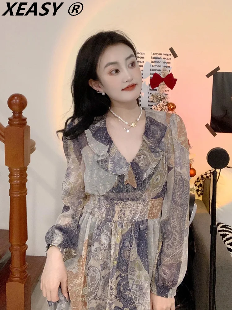 

XEASY Casual Dresses For Women 2022 Vintage Dress Women Elegant Mini Dress Long Sleeve Printing Women Clothing