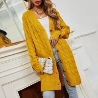 new product twist cardigan 2022 autumn and winter solid color long button knitted sweater womens