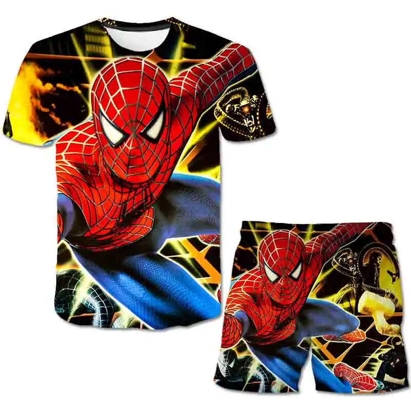 

Детский комплект из футболки 3D для девочек, детские шорты Mαrvel- Spidermαn, 2 шт., детские модные топы с героями мультфильмов, одежда, короткий кост...