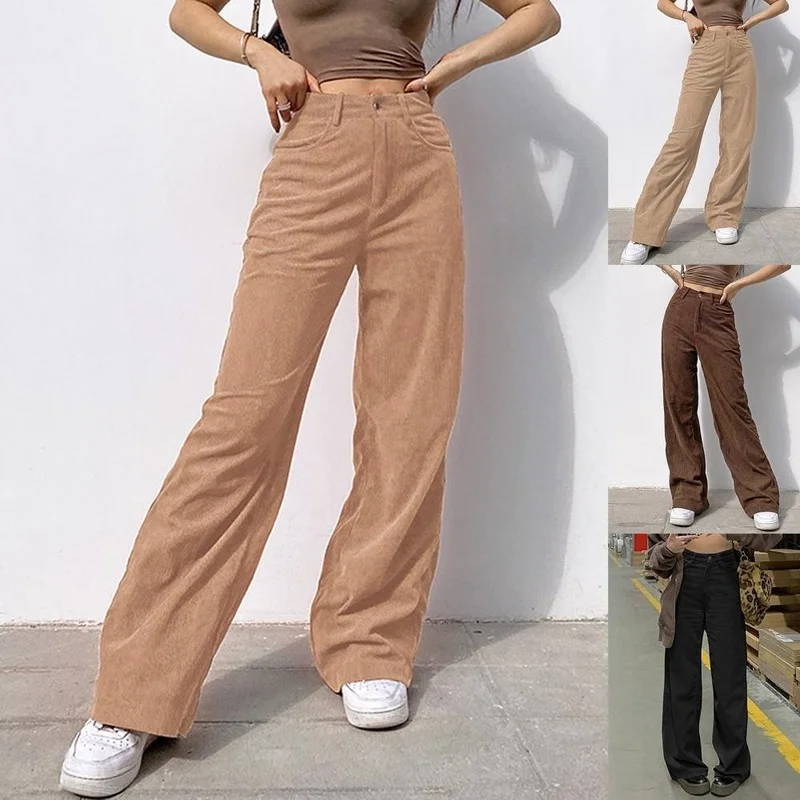 

High Waist Pockets Fashion Solid Color Corduroy Straight Pants Women Streetwear Loose Harajuku Trousers Wide Leg Trousers