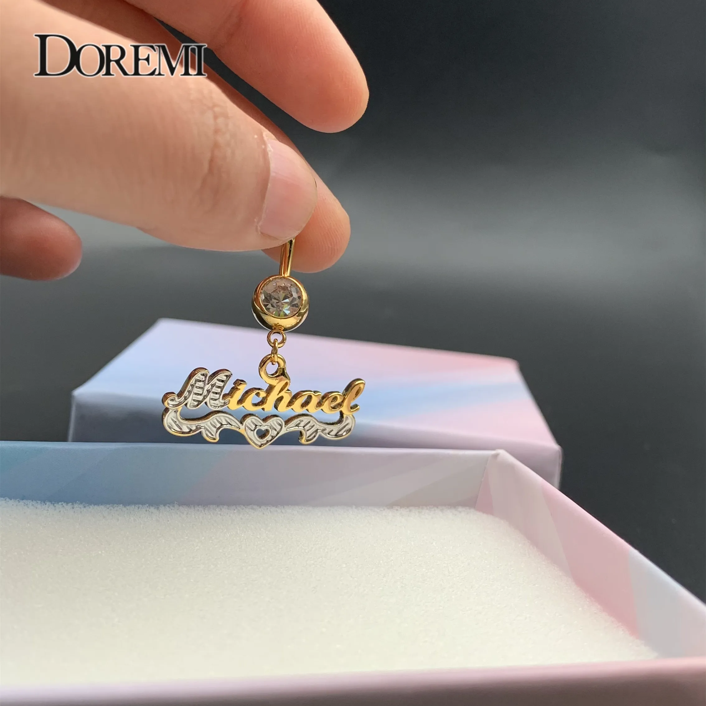 DOREMI 2Colors Custom Name Belly Ring Custom Body Jewelry Zircon Personalized Heart Letter Belly Ring Gold Color Gift for Women