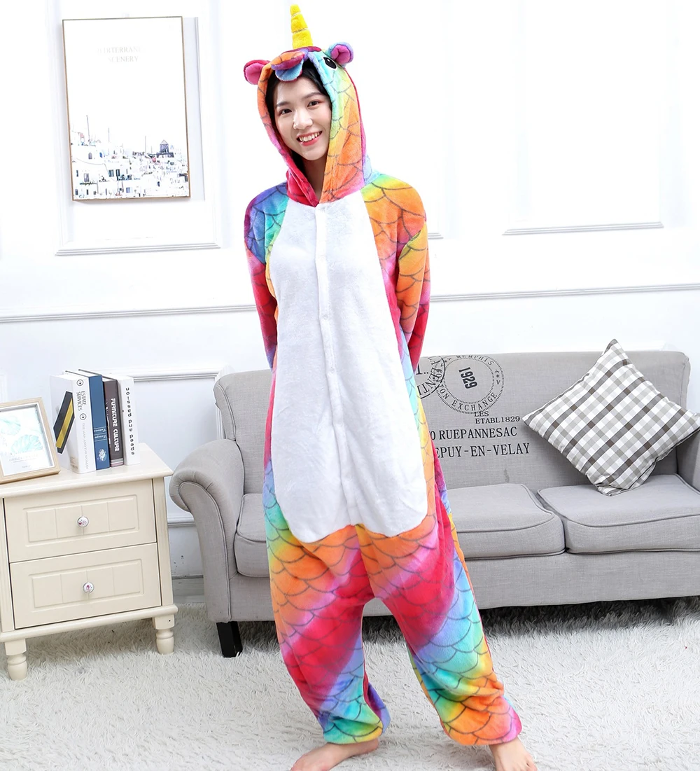 

Adults Animal Onesies Unicorn Pajamas Sets Warm Sleepwear Suit Women Men Winter Kids Mermaid Cartoon Flannel One Piece Nightwear