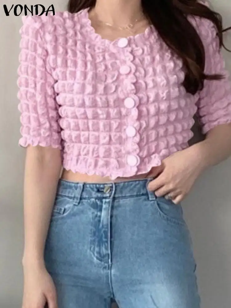 

Elegant Short Sleeve Shirts Casual Solid Color Crop Tops Women Bohemian Tops VONDA 2022 Sexy Button Up Blouse Blusas Femininas