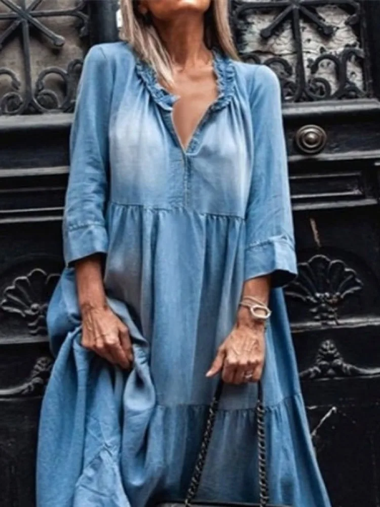 

Vingate Ruffle Washed Denim Oversize Dresses Loose Women's Long Sleeve Jeans Dress Autumn Pleated Sexy V-neck Large Hem Midi Rob
