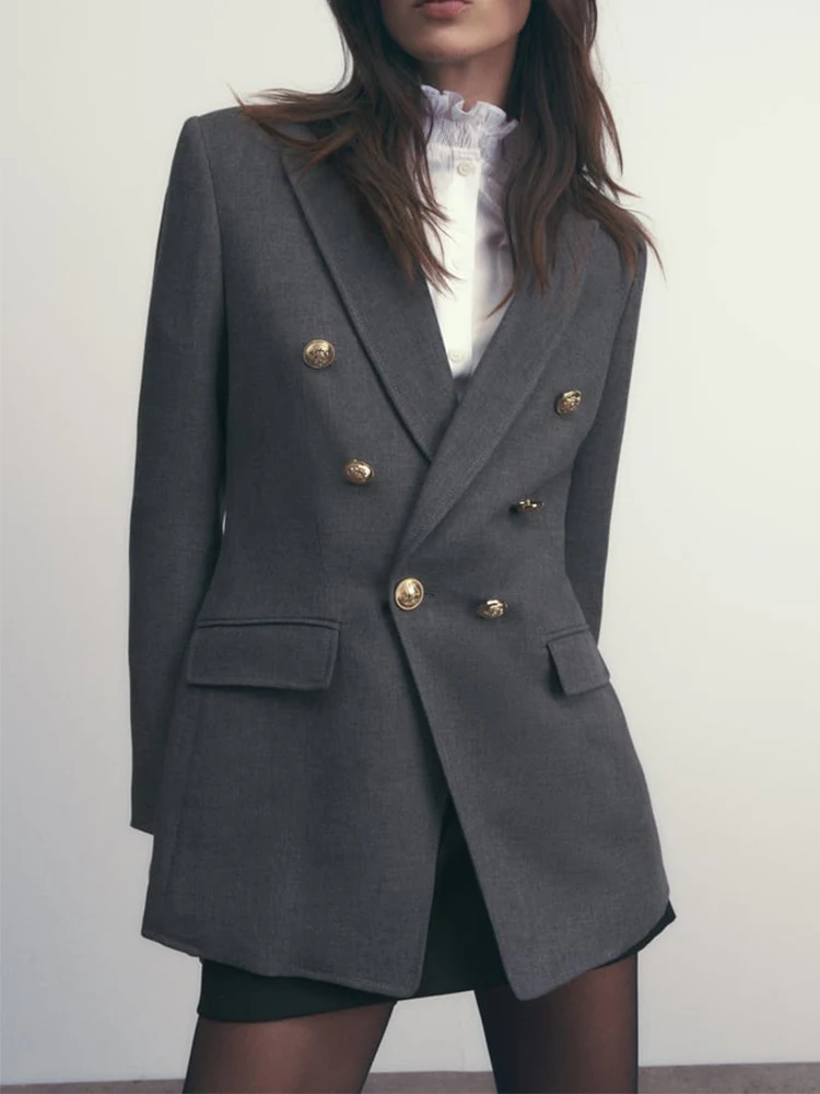 

TRAF Women Double Breasted Slim Blazer Office Lady Fashion Classic Coat Suit Jacket Female Grey Outwear Outfits Veste Femme