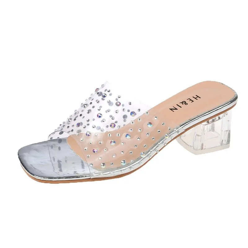 

High Heels Women's Slippers Summer New Crystal Heel PVC Hot Drill Outer Wear Slippers Shoes Woman Heels Sandels for Women Summer