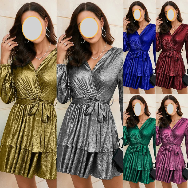 

Women's Long Sleeve Party Dress, Sexy V-neck, Cake Skirt, Cocktail Frocks, Loose Fit Clothing, Casual Style, Lady Nightclub