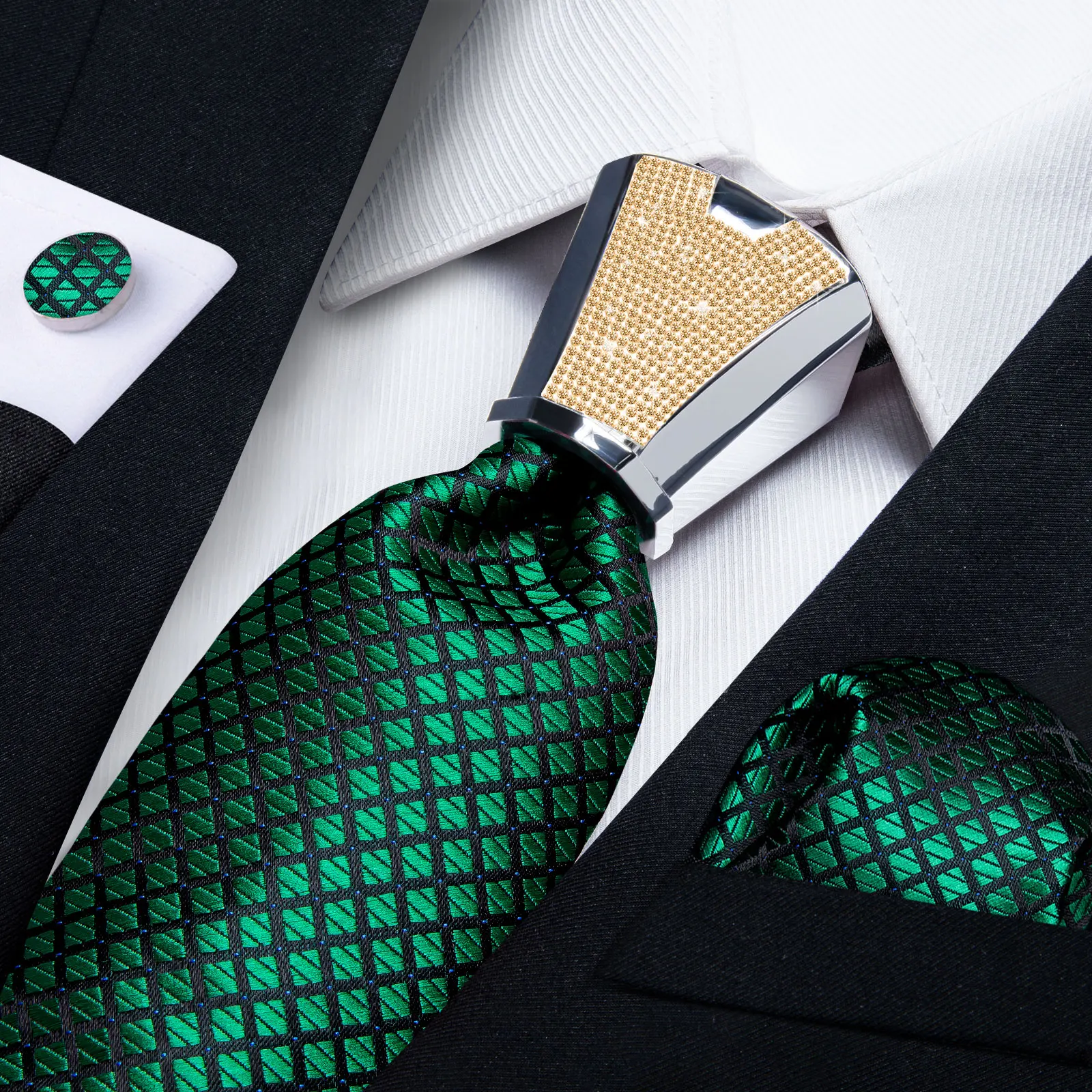 Black Plaid Green Silk Ties For Men With Pocket Square Cufflinks Men Accessories Wedding Neck Tie Set Gift For Men