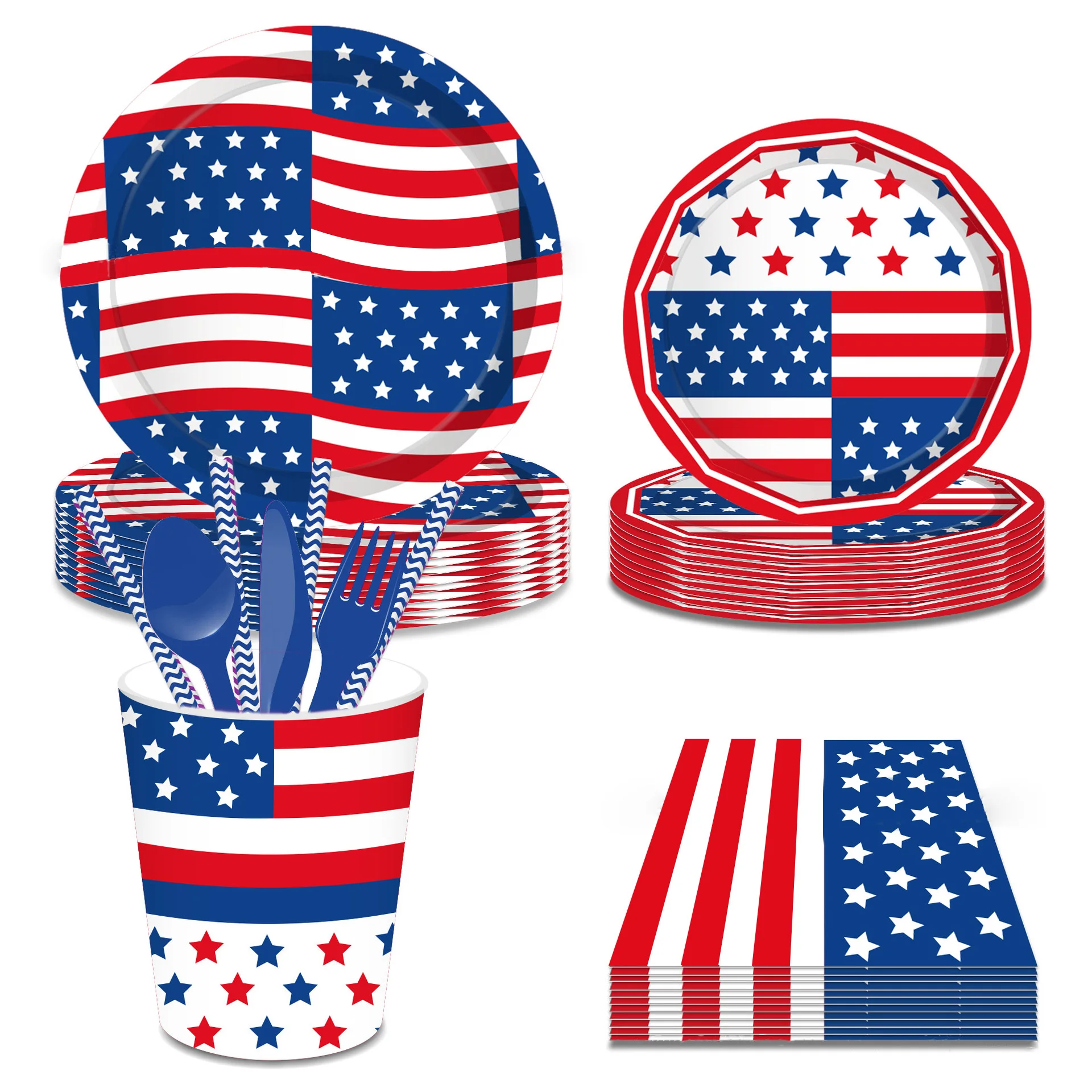 

Independence Day Party Supplies White Blue Red Paper Fans Set Party Decor Supplies National Day Tablecloths Plates Napkins Mugs