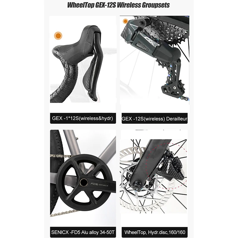 Недорогие алюминиевые беспроводные колеса для гравийного велосипеда Wheeltop GEX-12S 700X50C с дисковыми тормозами, полностью скрытой проводкой, карбоновой вилкой и креплением UDH (art.: 3920db4e0d153) - 3920db4e0d153
