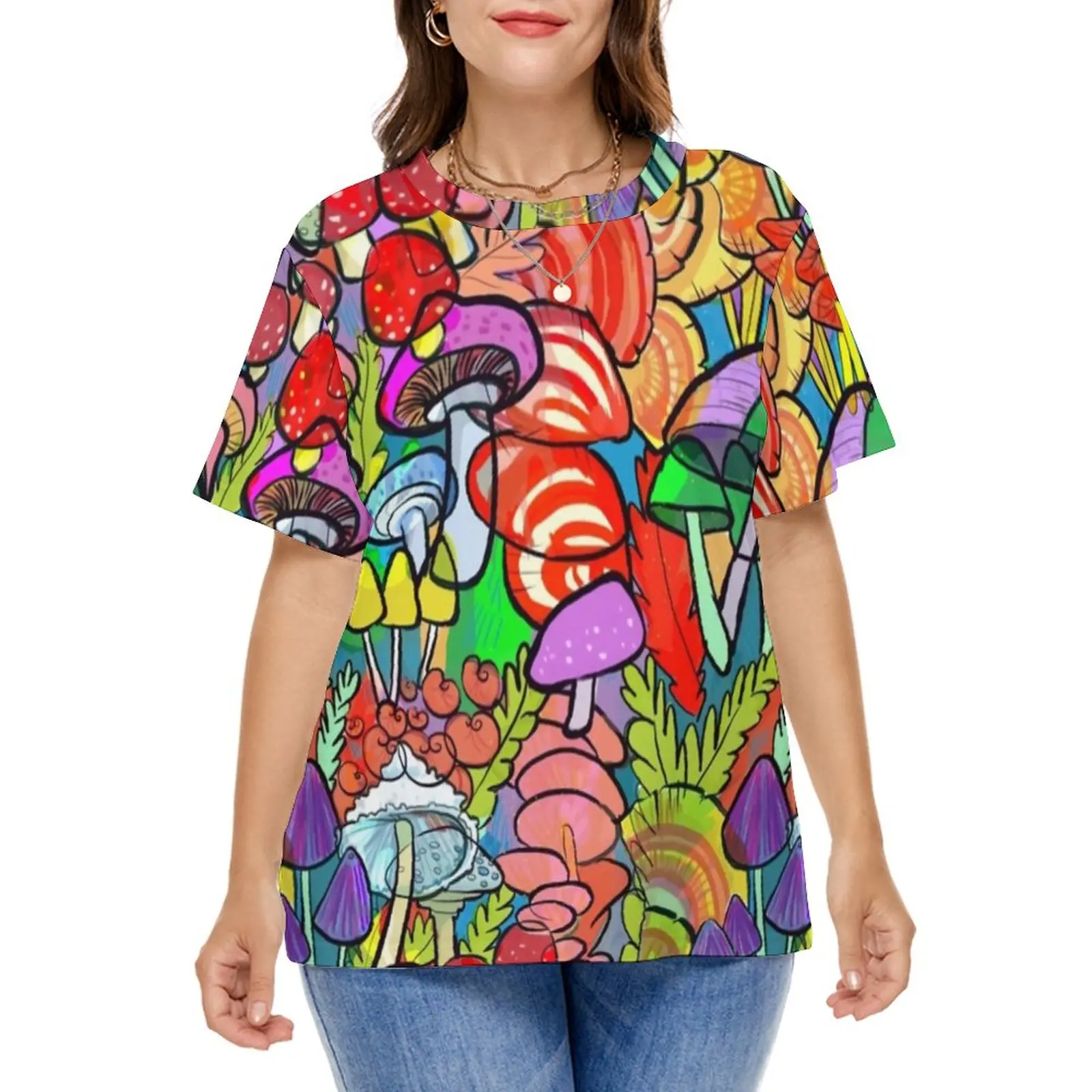 

Colorful Mushroom T-Shirt Overnight A Forest Cool T Shirts Short Sleeve Graphic Tops Female Street Wear Tees Plus Size