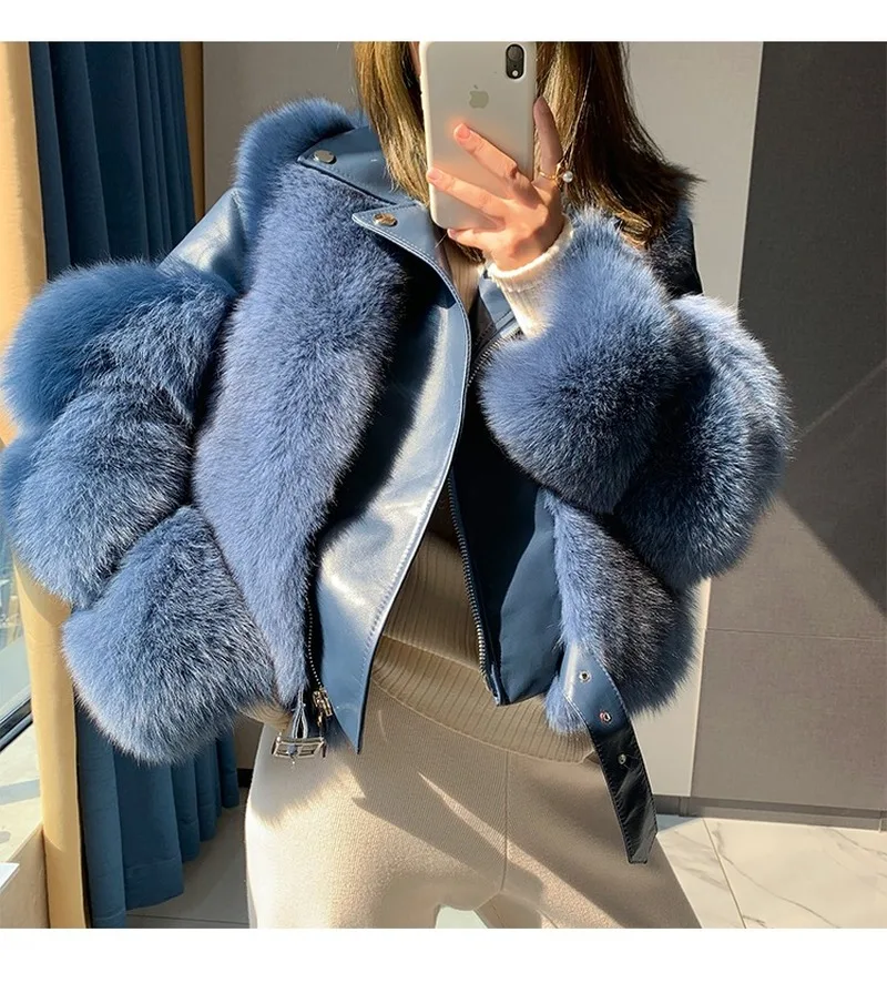Women Winter Furry Faux Fur Overcoat Short High Quality Fake Fox Fur Coat Outwear Cropped Faux Fur and Leather Patchwork Jackets