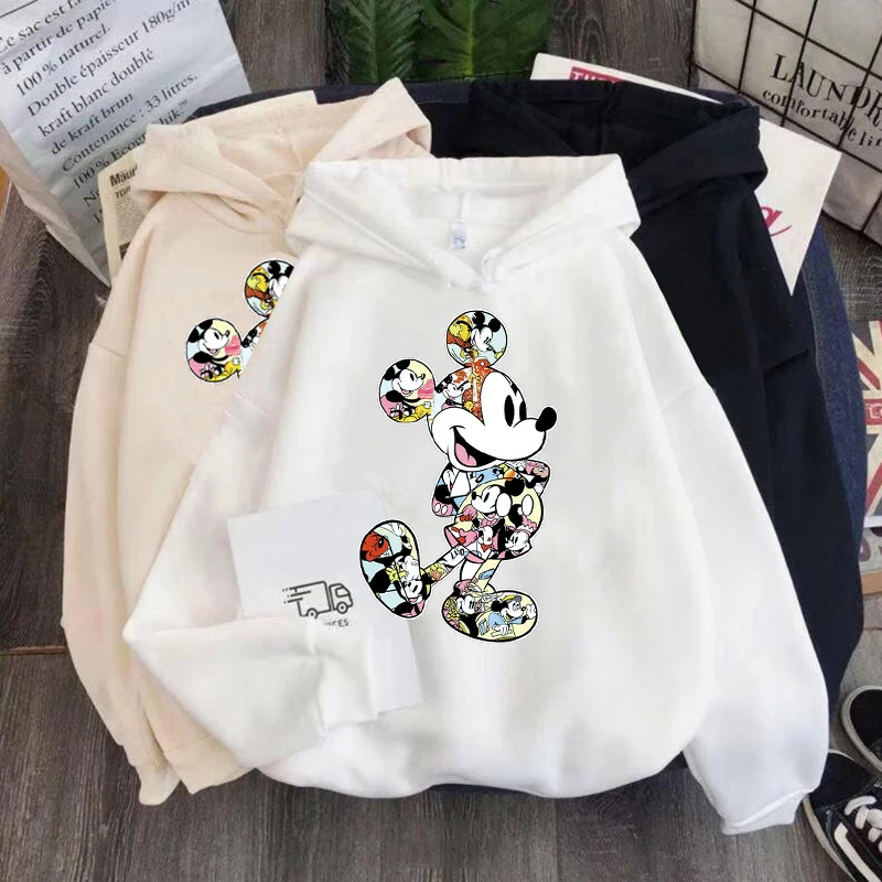Disney Frauen Hoodies Minnie Mickey Mouse Hoodies Cartoon Tops Langarm Taschen Sweatshirts Mode Mit Kapuze Frauen