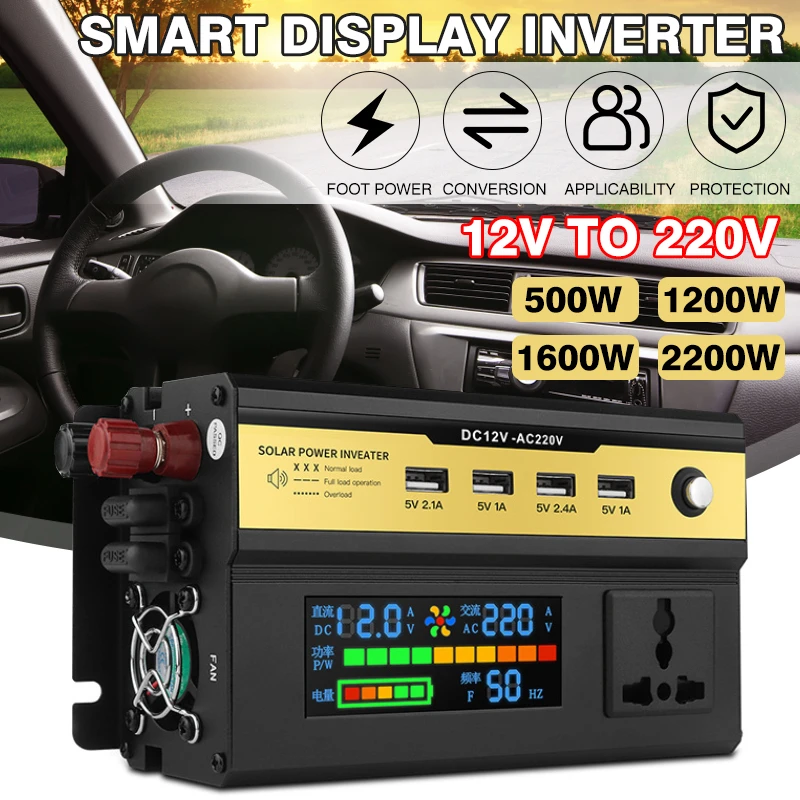 1200W/1600W/2200W Modified Sine Wave Power Inverter LCD Display DC 12V to AC 220V USB Car Transformer Convert Charging Converter