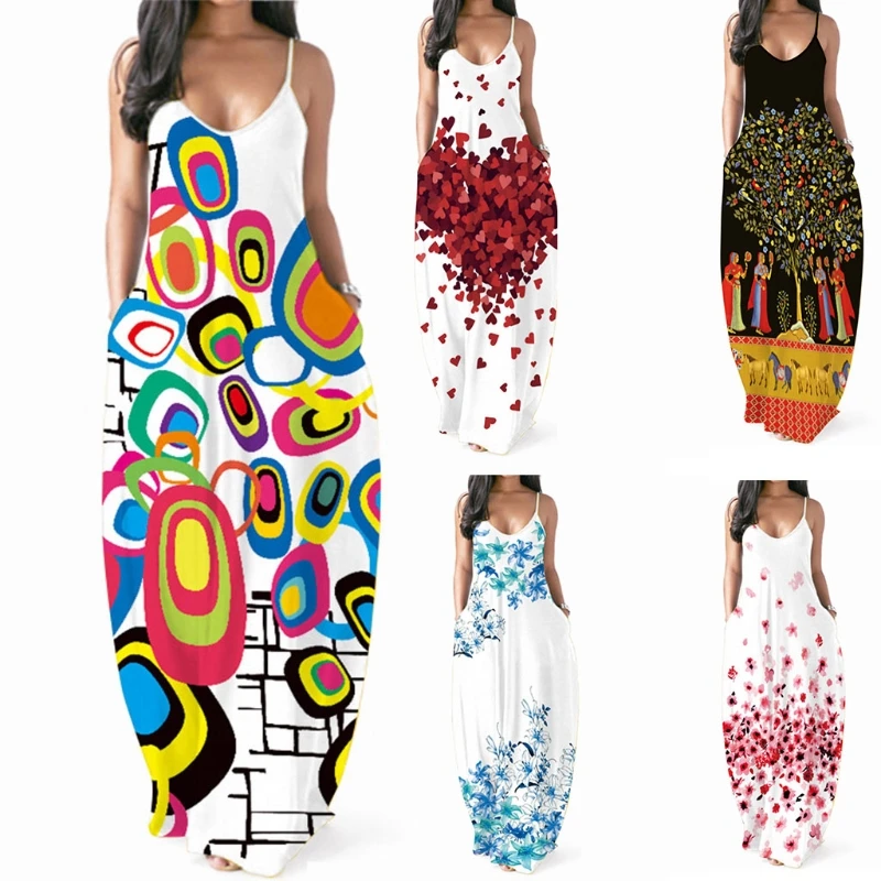 

Women Spaghetti Strap Sexy V-Neck Maxi Long Dress Boho Floral Pockets Sundress 10CD