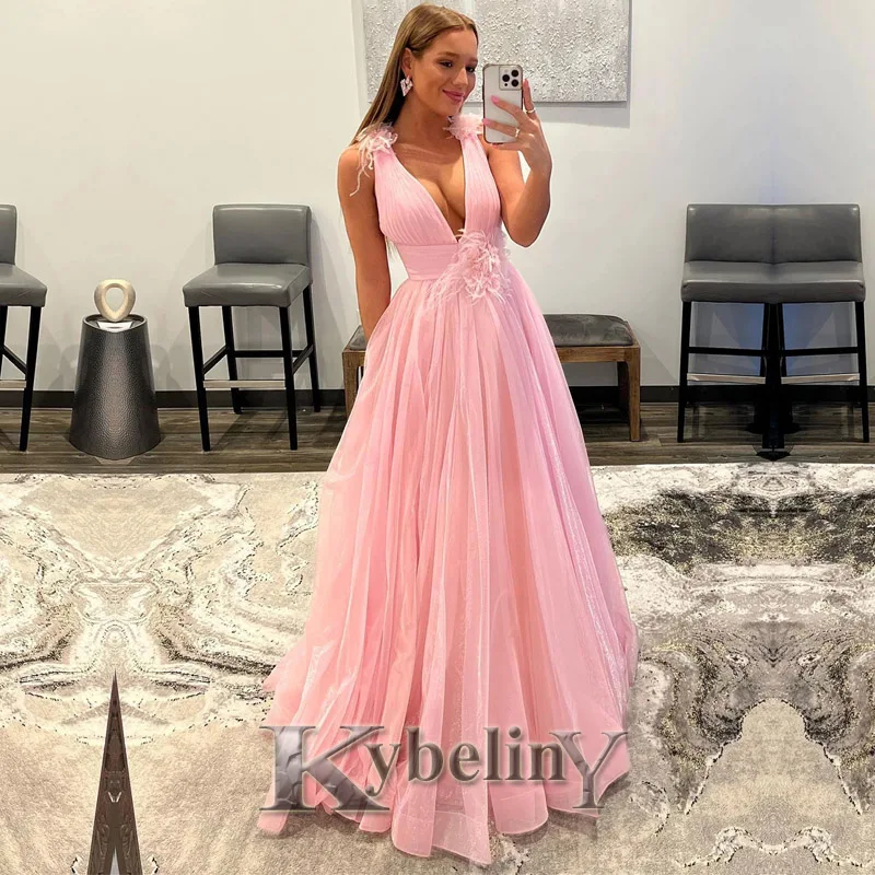 

Kybeliny Pink V-Neck Aline Evening Dresses Customize Jurk Prom Robe De Soiree Graduation Celebrity Vestidos Fiesta Women Formal