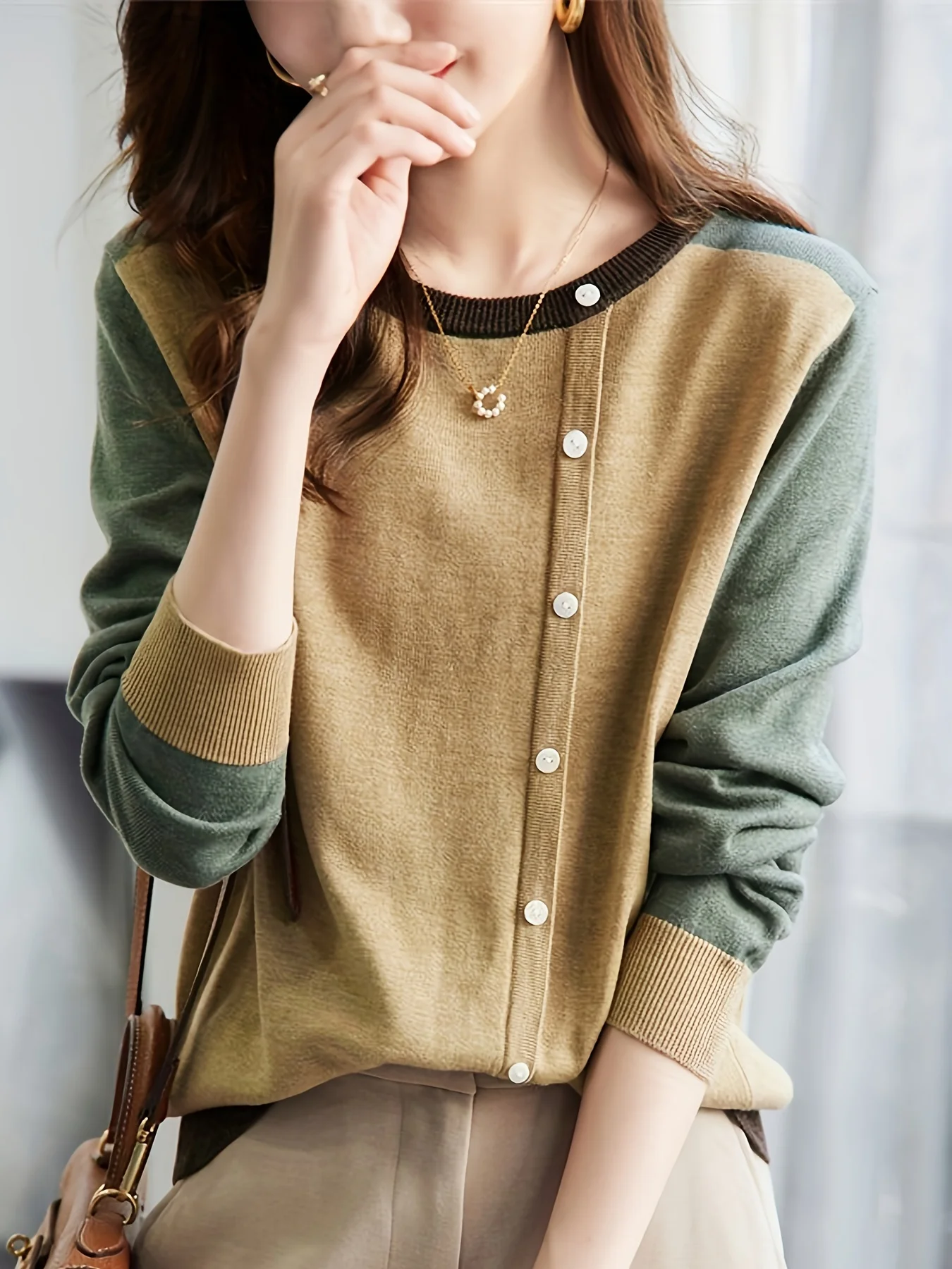 Женский Повседневный Вязаный Свитер С Длинными Рукавами И Круглым Вырезом