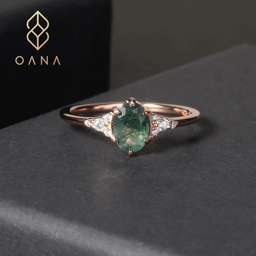 

OANA Elegant Temperament Fashion Natural Water Grass Agate 925 Sterling Silver Plated 18k Rose Gold Gemstone Ring Does Not Fade